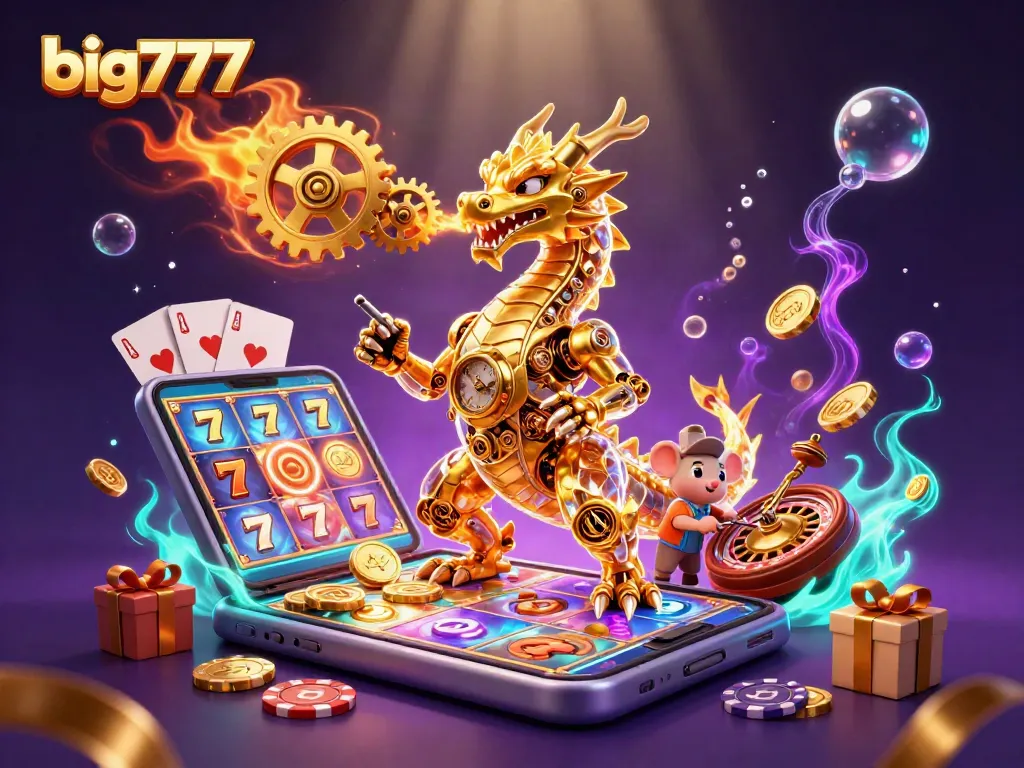 Big777 theme showcasing a golden dragon and a mouse engineer amidst vibrant casino elements.