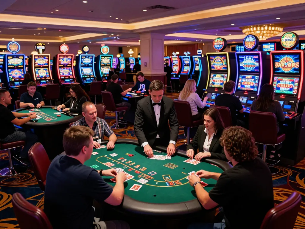 Players enjoying blackjack at MM88 casino, surrounded by vibrant slot machines and thrilling atmosphere.