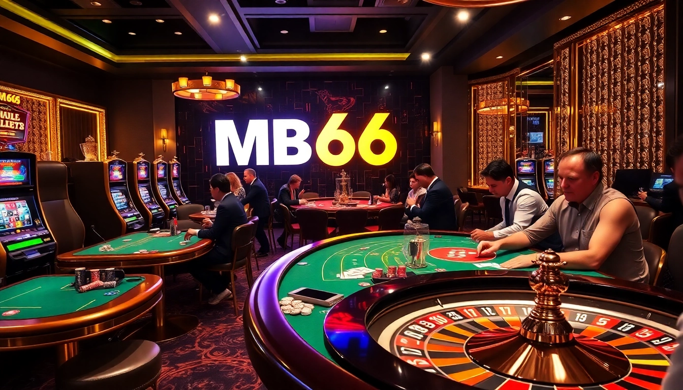 Captivating casino scene showcasing MB66 with players enjoying poker and slots.