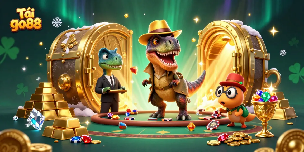 Tải go88 and win big with 3D velociraptor card counter at a blackjack table, surrounded by treasures.