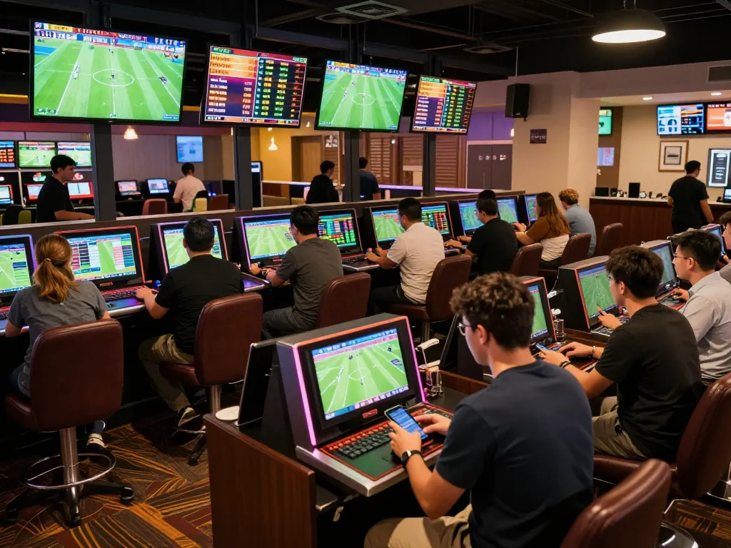 Tỷ Lệ Bóng Đá: Enthusiastic bettors engaging in lively discussion while placing bets on football games.