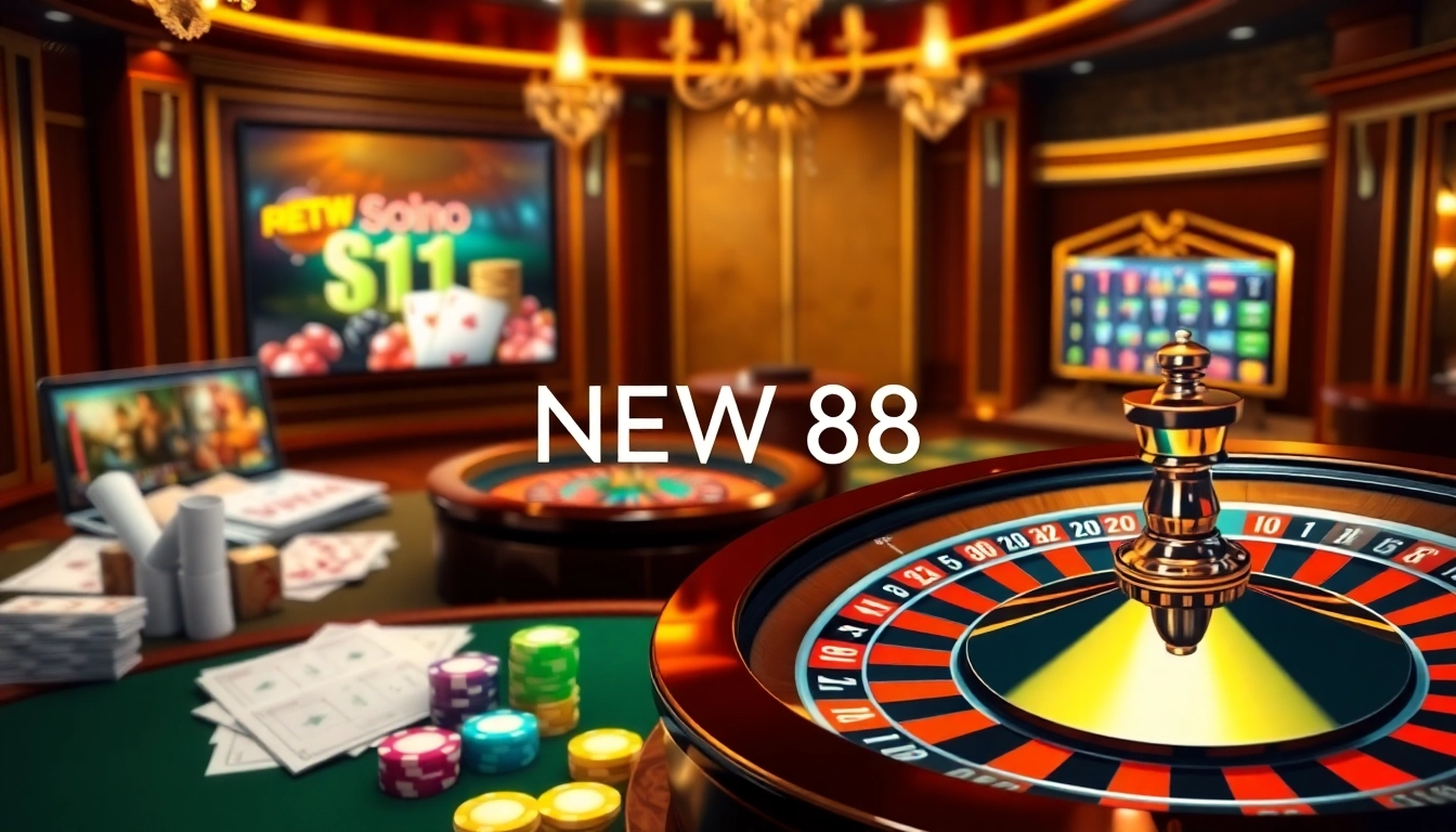 A vibrant online casino scene featuring NEW 88 branding with interactive games and betting slips.