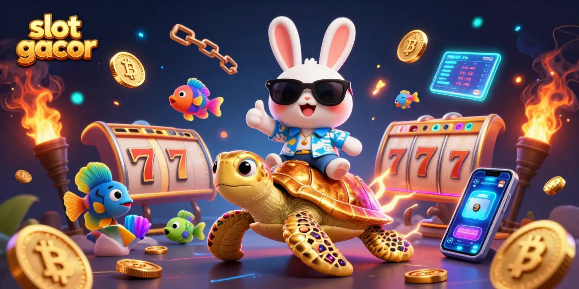 Win big with slot gacor action featuring a lucky rabbit and golden turtle in an exciting casino scene.