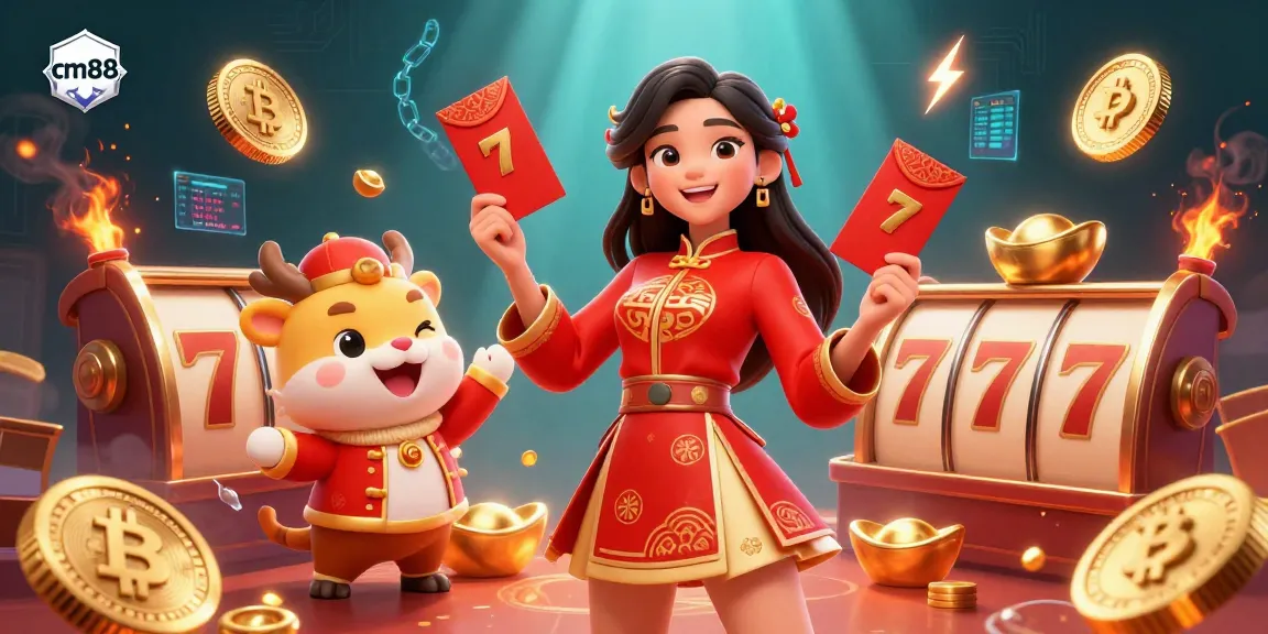 Experience thrilling slots and crypto excitement with cm88's vibrant Lunar New Year casino illustration.