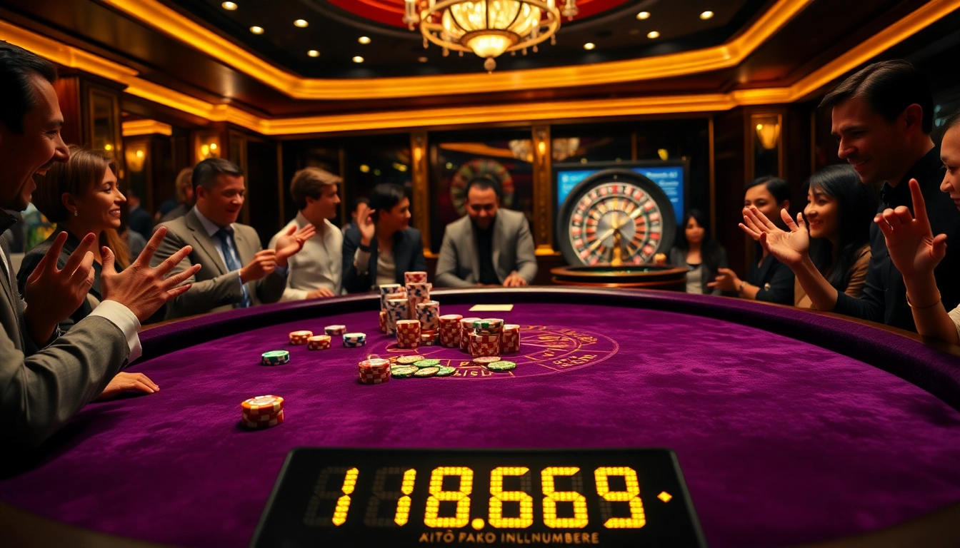 Excited players testing their luck with lô kép at a stylish casino table full of chips and dice.