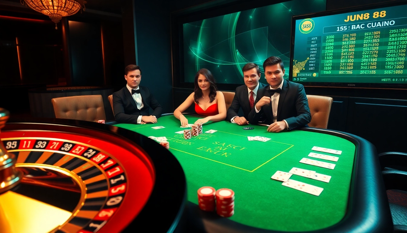 Play at Jun88’s luxurious poker table with high-quality chips and vibrant cards in a thrilling casino ambiance.