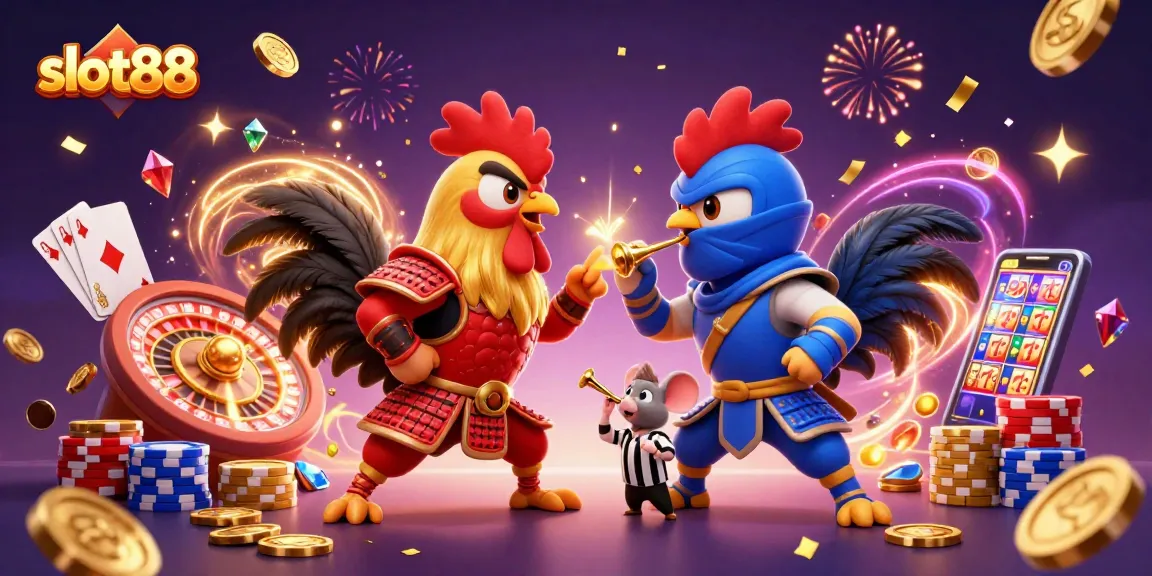 Slot88 menampilkan duel karate ayam dengan efek visual gemerlap dan dinamis dalam latar kasino.