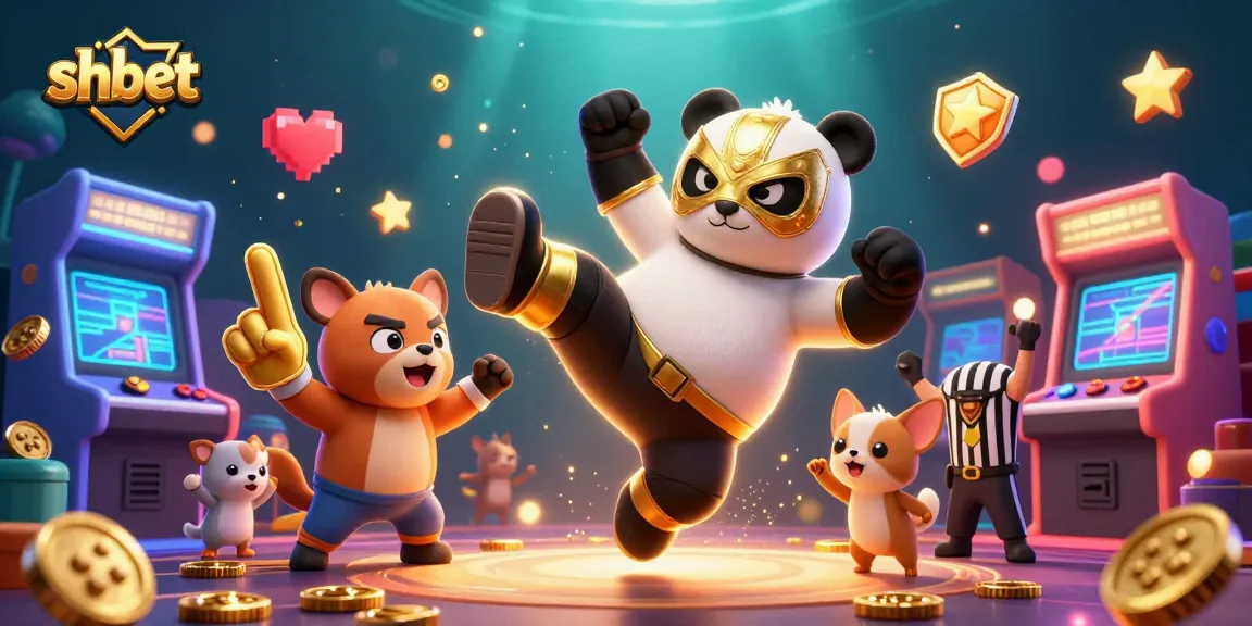 Engage with the thrilling shbet casino experience as a panda wrestler takes flight amidst vibrant game elements.
