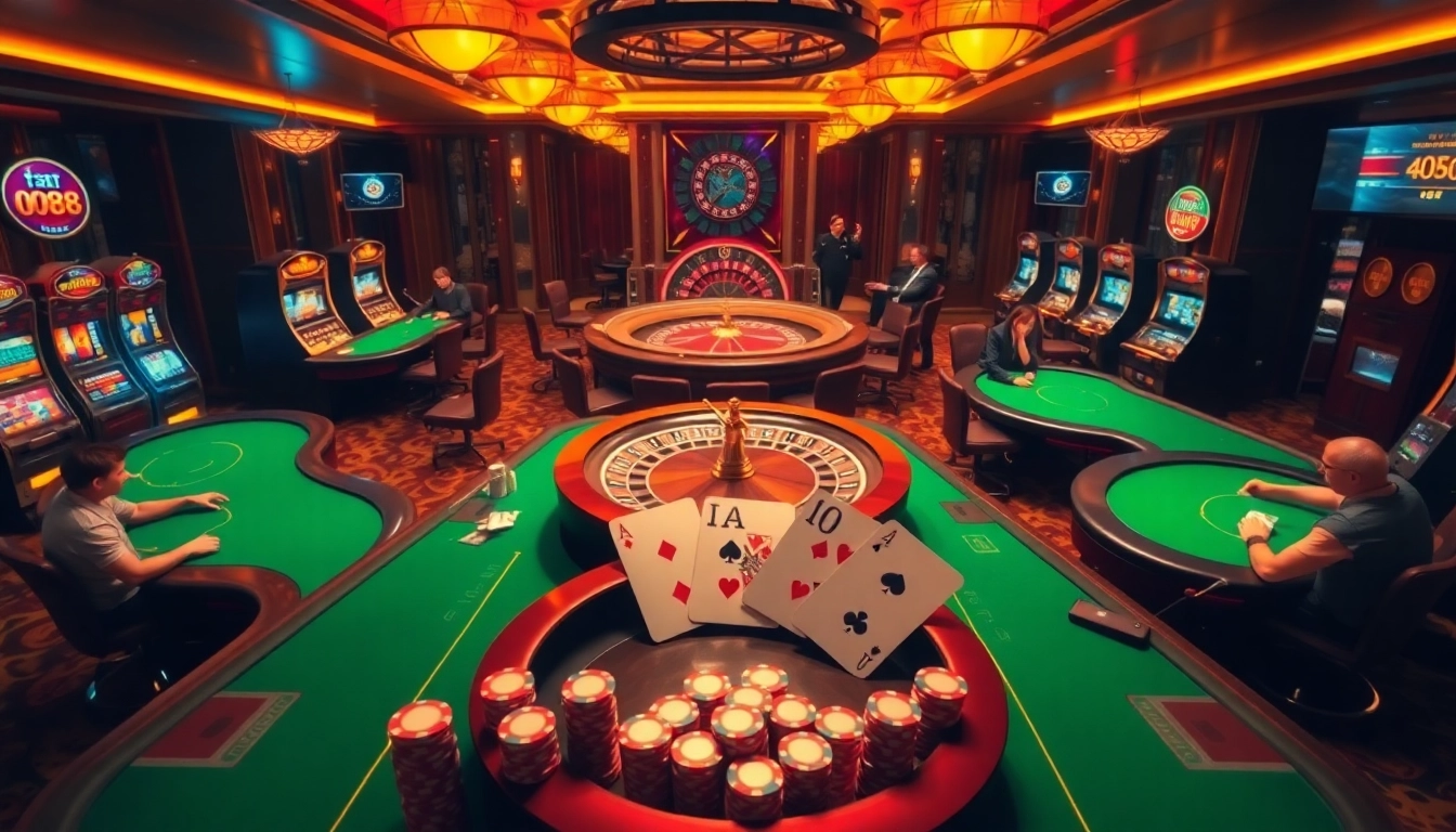 Engaged gamblers enjoying high-stakes action at FLY88 casino tables with vibrant slot machines.