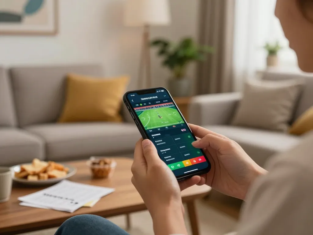 Engaging in online betting at trang chủ 68win with a smartphone in cozy home settings.