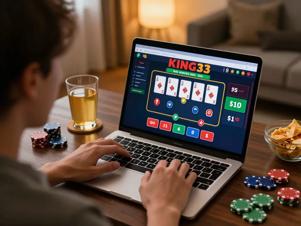 Player experiencing thrilling action on king33's online casino platform during a home gaming session