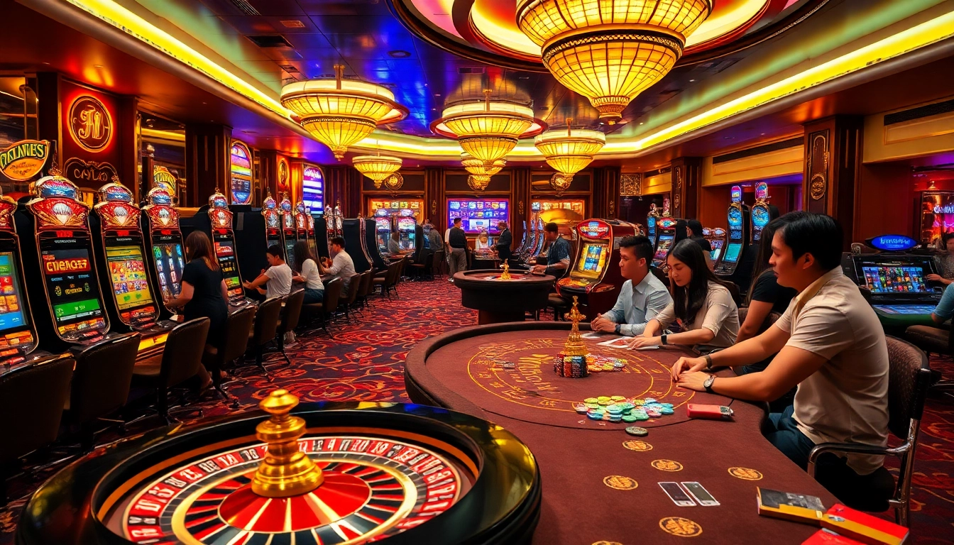 Situs apiraja88 players enjoying high-stakes gaming at a luxurious casino filled with vibrant slot machines.