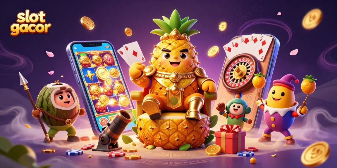 Menang slot gacor dengan ilustrasi kasino yang menampilkan raja nanas emas dan elemen permainan menarik lainnya.