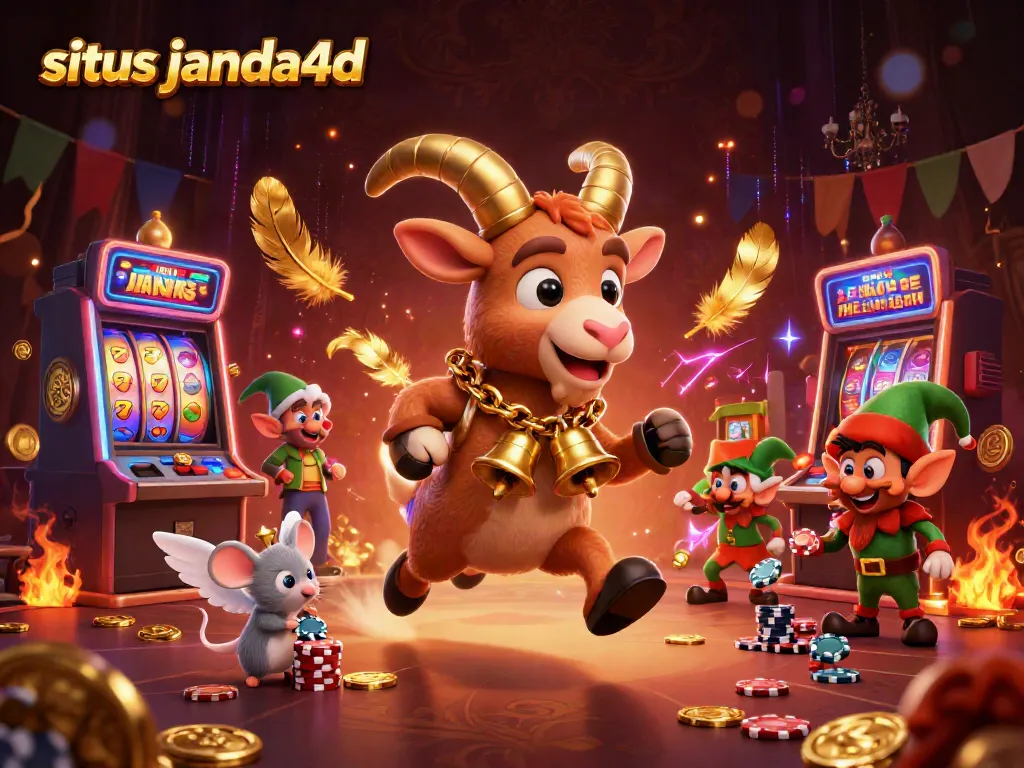 Situs janda4d menghadirkan suasana kasino dengan karakter lucu yang beraksi mengelilingi mesin slot berwarna-warni.