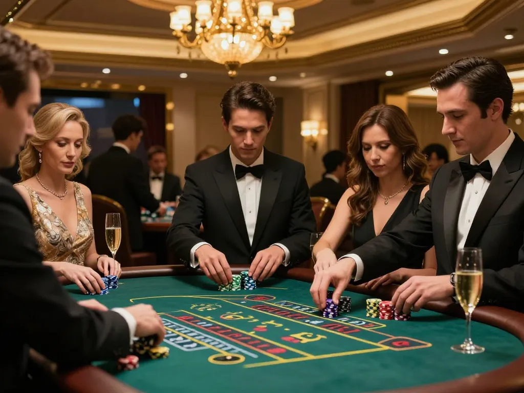 KONG88 players engaged in an exciting baccarat game, showcasing luxurious casino atmosphere with elegant decor.