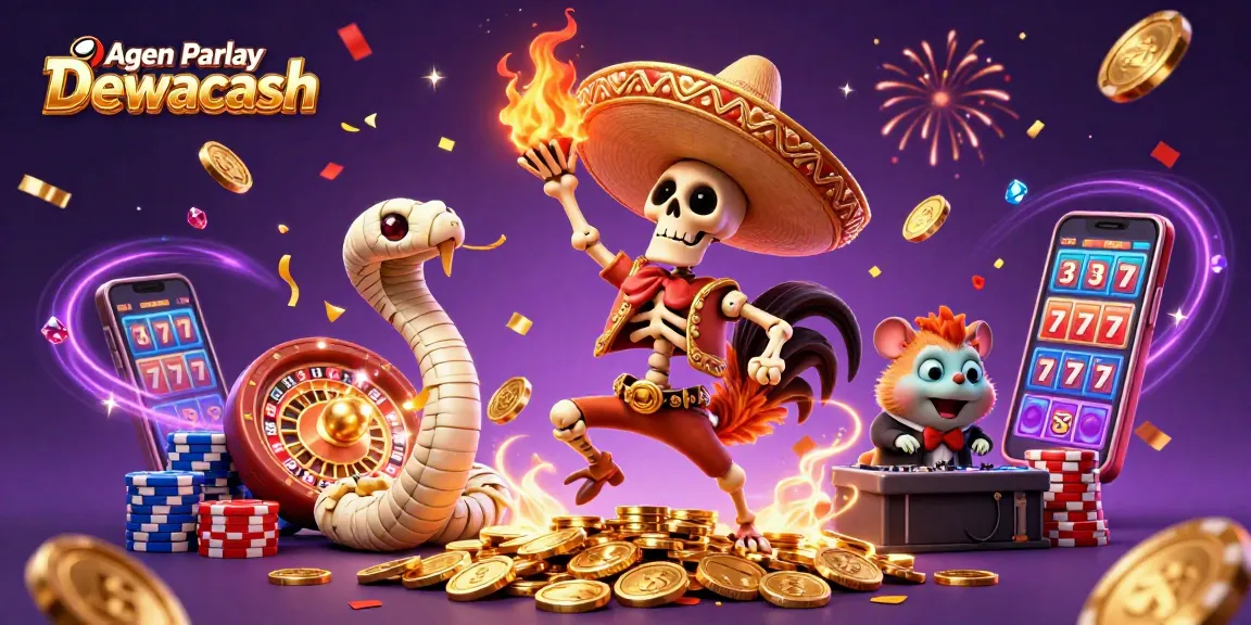 Agen Parlay Dewacash showcases thrilling slot adventures with vibrant characters celebrating over golden coins.