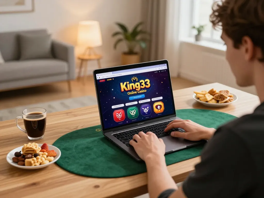 Engaging in strategic online gameplay at king33 casino with a sleek laptop setup and cozy surroundings.