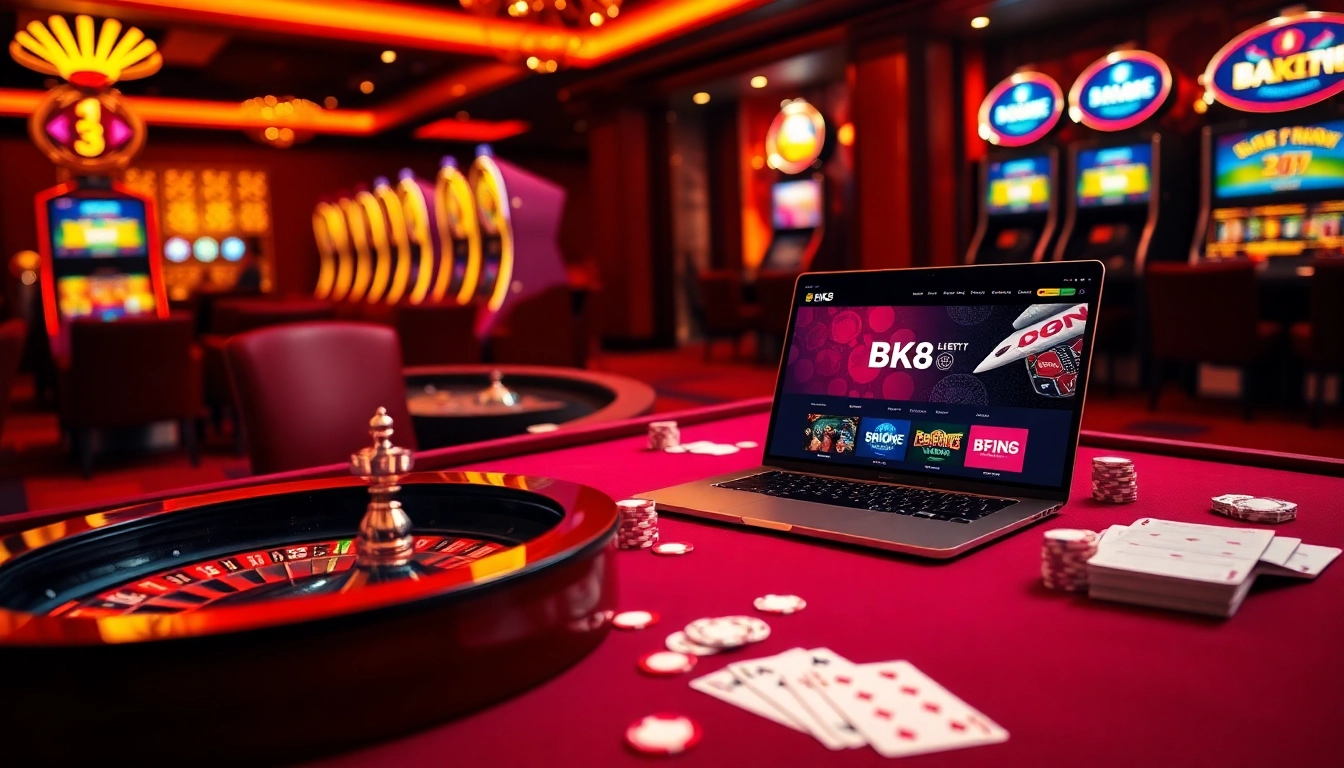 Experience the thrill of BK8 online gaming with vibrant casino visuals featuring roulette, cards, and betting slips.