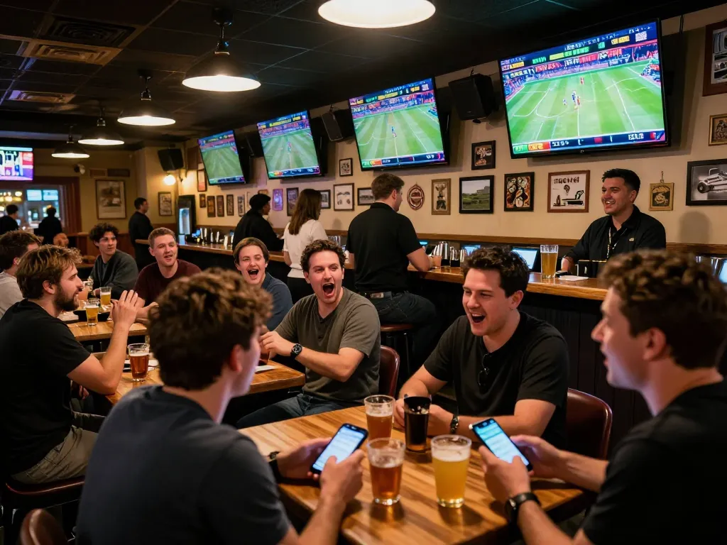 Kèo nhà cái 5 highlights exciting sports betting scene with fans engaged around screens displaying live odds.