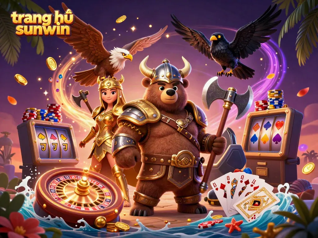 Engage with the vibrant world of trang chủ sunwin featuring animated Viking characters amidst cascading gold and gems in a thrilling casino scene.