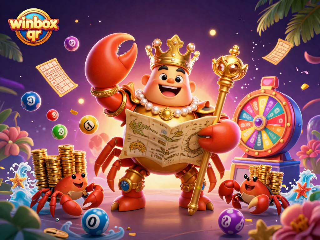 Winbox qr showcases a massive golden crab emperor amidst vibrant gambling elements.