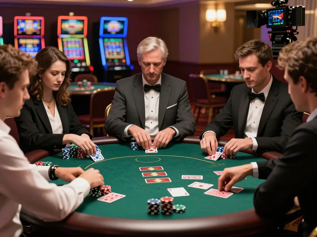 Sun win poker players strategizing their moves around a classic casino table, showcasing the thrill of high-stakes gameplay.