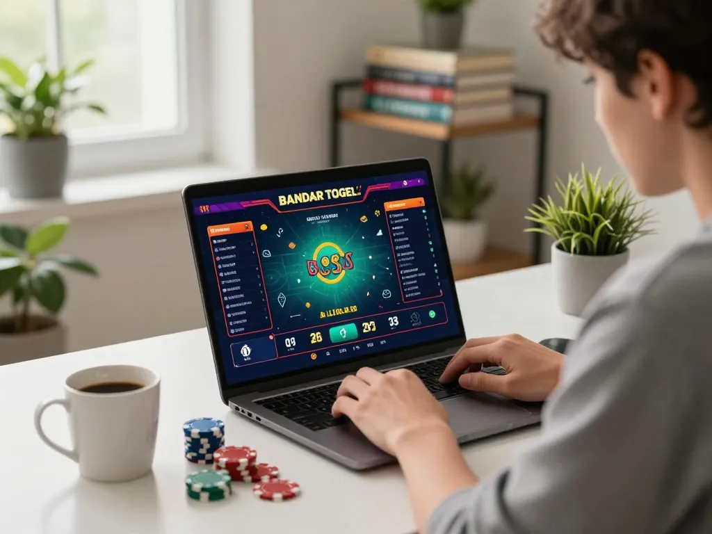 Pemain yang terlibat menavigasi permainan bandar togel di laptop di rumah, menampilkan pengaturan yang nyaman dengan catatan strategi.