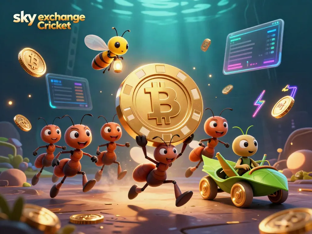 The vibrant and dynamic scene features ants on a heist, emphasizing sky exchange Cricket in a thrilling betting setting.