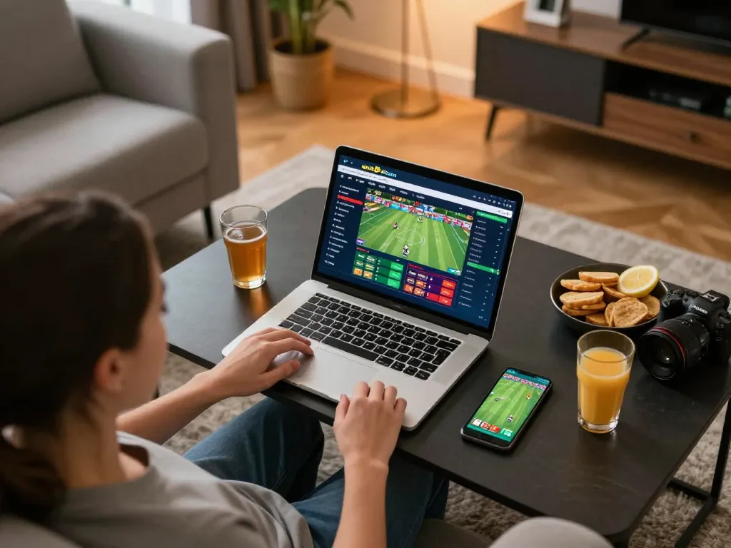 Engaging online betting experience at open88 com with user on laptop and smartphone during sports event