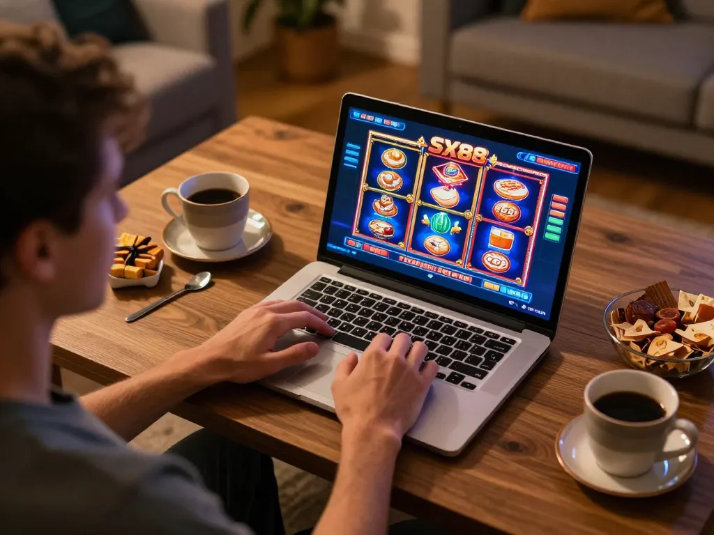 SX88 player engaged in online gaming with stylish laptop in a cozy home setting