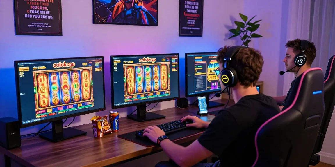 Pengalaman permainan slot di coloksgp dengan gamer bersemangat dan setup multi-monitor.
