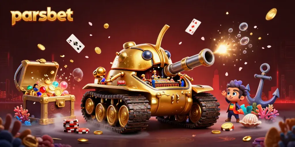 Parsbet çevresindeki bir mini casino ile altın böcek tankını gösteren canlı 3D illüstrasyon.