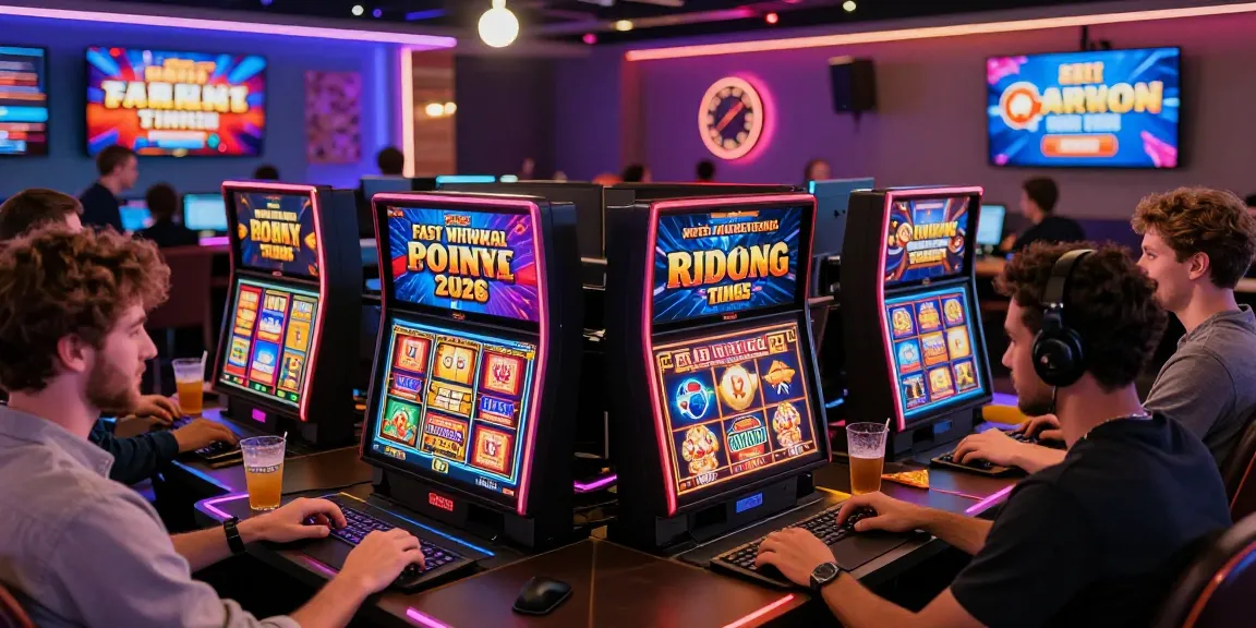 Players engaging with new online casinos, showcasing vibrant graphics and promotions in a modern gaming lounge.