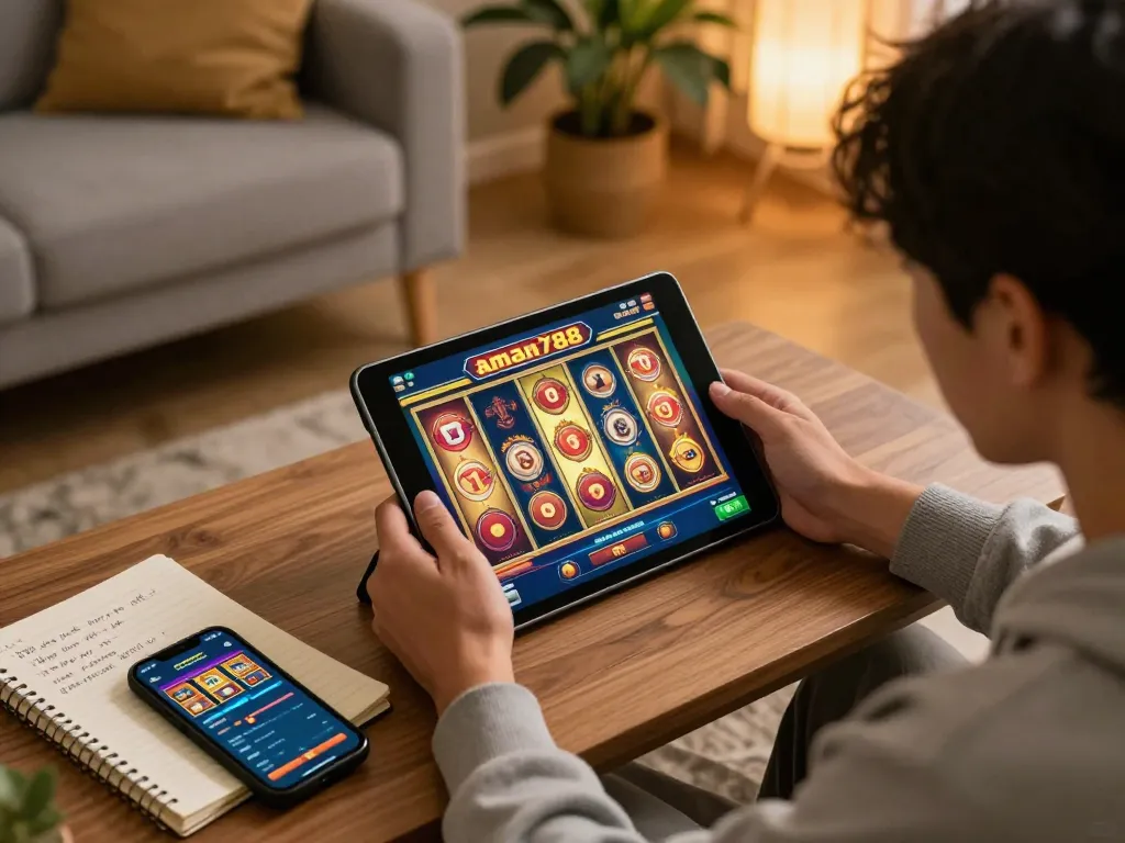 Seorang pemain menikmati aman788 slot online di tablet di rumah, menampilkan strategi dan suasana yang nyaman.