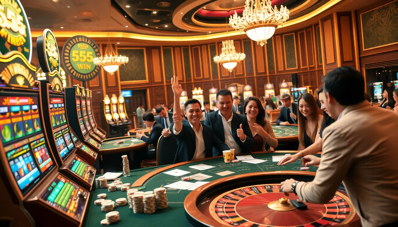 Experience thrilling moments at 555win's luxurious casino with vibrant gaming tables and excited players.