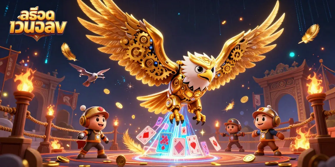 Experience สล็อตเว็บตรง excitement with a dynamic 3D illustration of a cybernetic eagle amidst casino elements!
