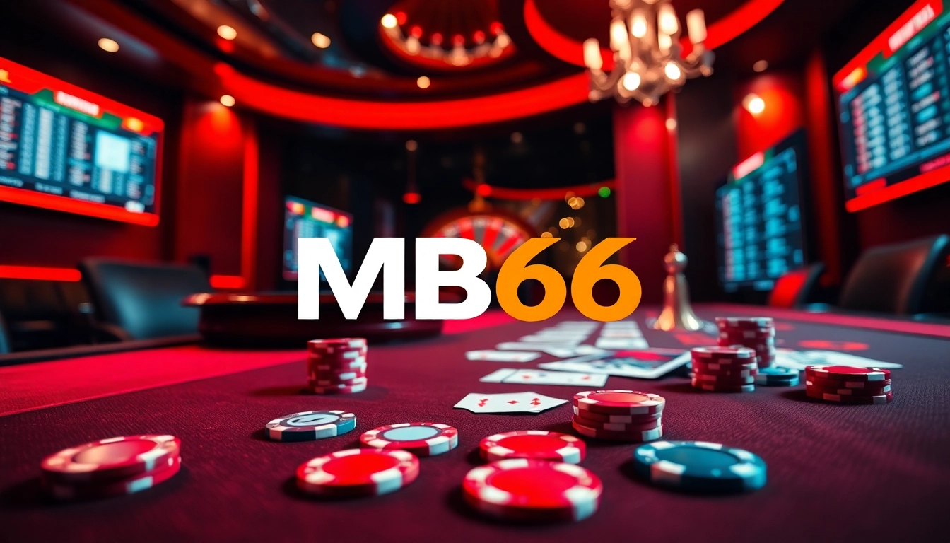 Placing bets at MB66 with vibrant poker chips and cards on a luxury casino table.