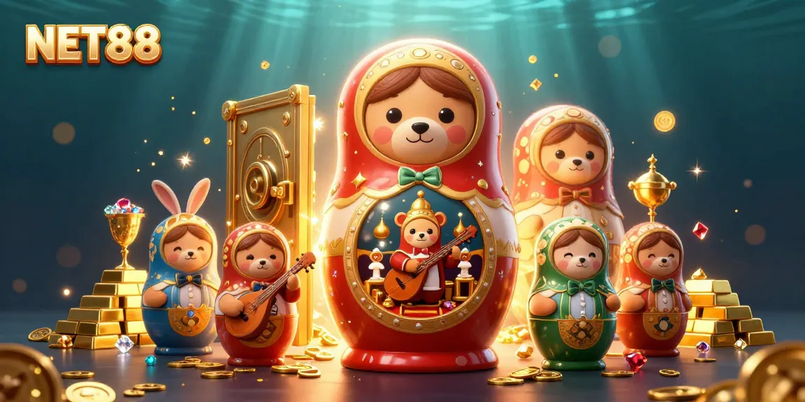 Experience NET88's vibrant casino scene with adorable cartoon characters and golden treasures.