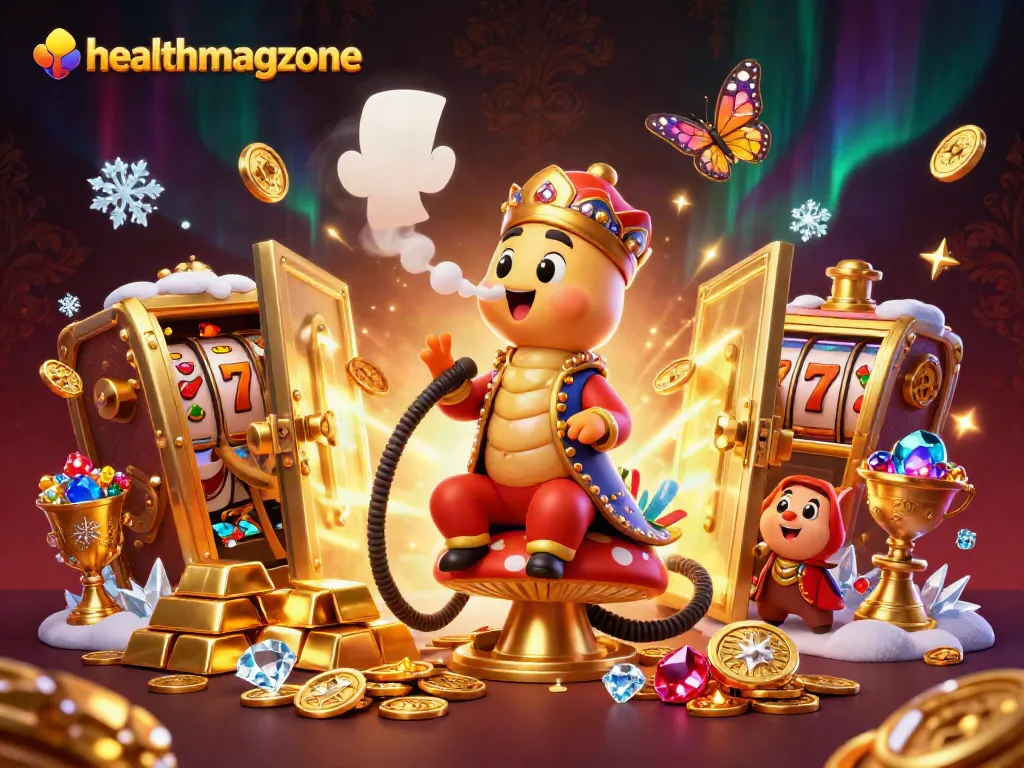Slot jackpot di healthmagzone dengan karakter kartun raja, mobil, dan berlian yang bersinar.
