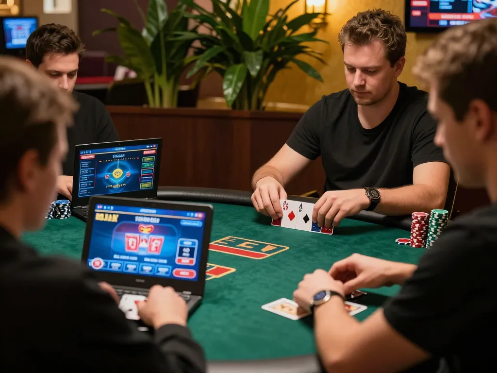 Players engaging in strategy at 99ok online casino during an exciting poker game, showcasing vibrant screens and cozy atmosphere.
