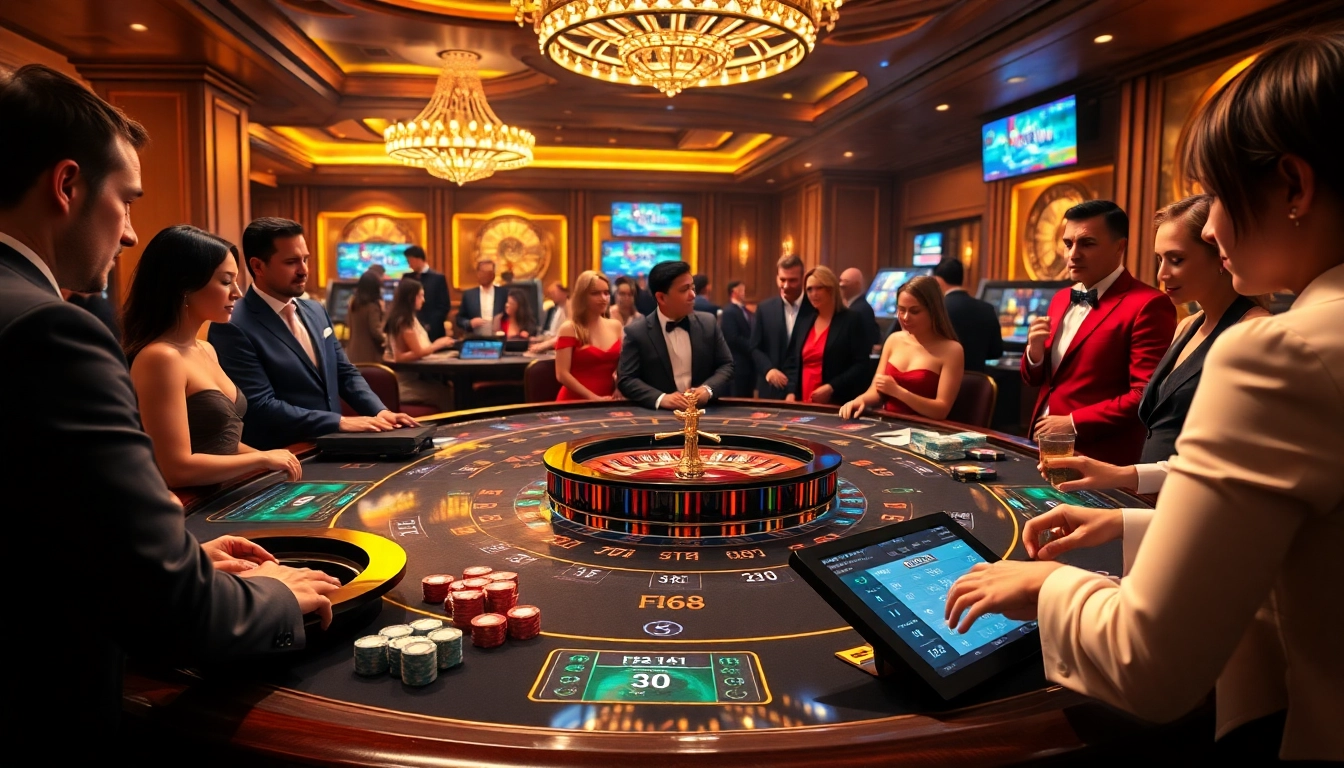 FB68 gaming table in a luxurious casino setting with players enjoying high-stakes gambling.
