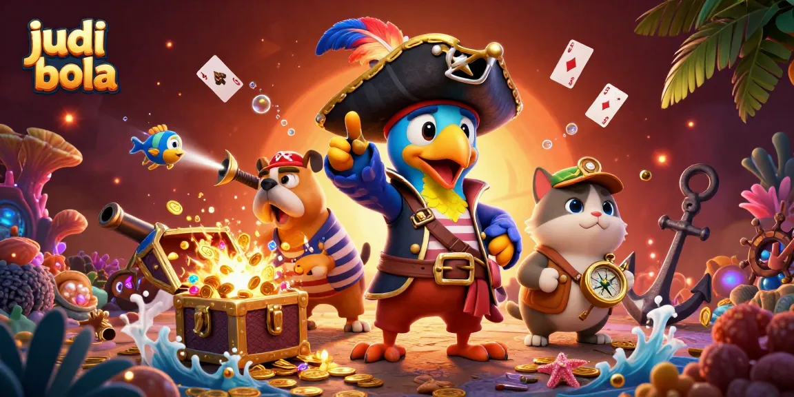 Engage in judi bola excitement with a vibrant pirate-themed illustration filled with dynamic gambling elements.