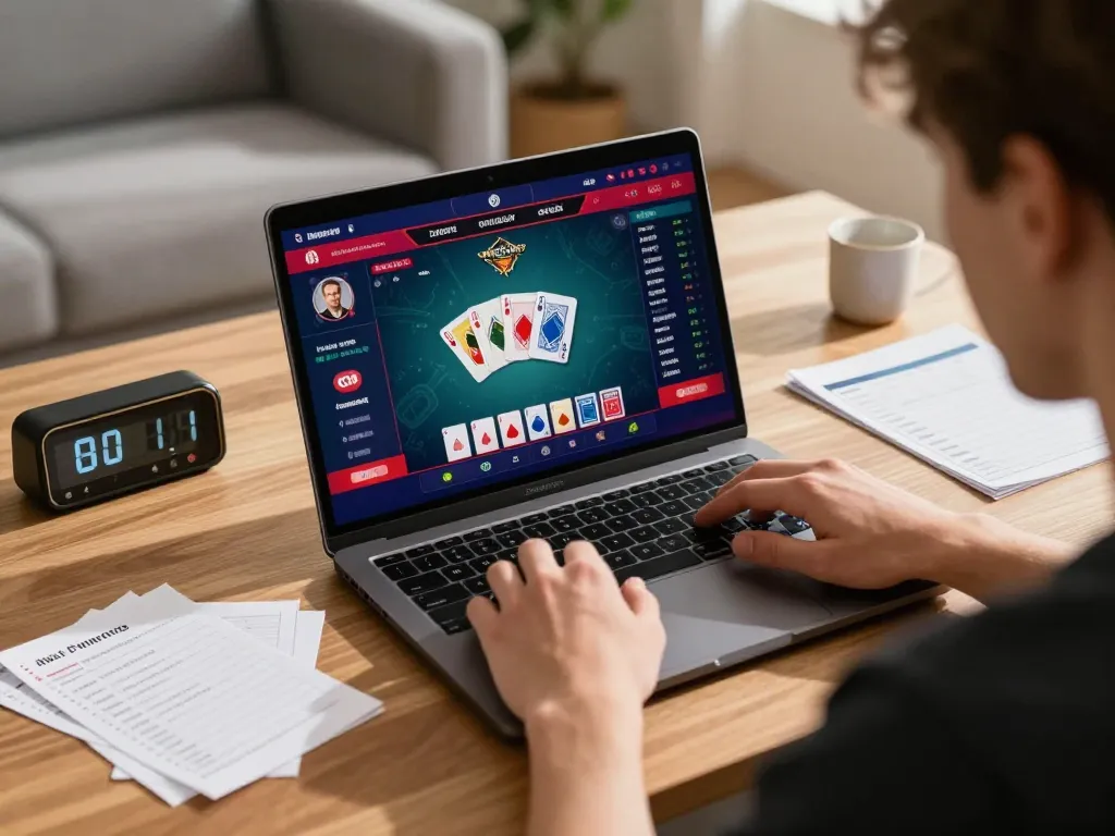 Hello88 player strategizing on laptop during an online poker game in a comfortable home setting.
