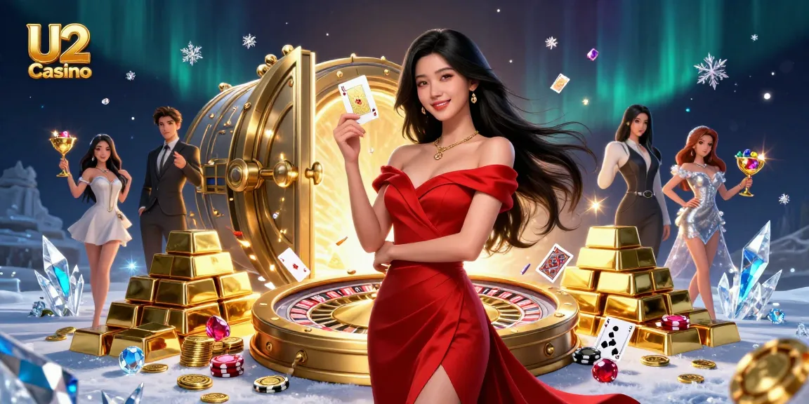 Engage with U2 Casino's vibrant scene featuring a confident woman and golden casino elements.