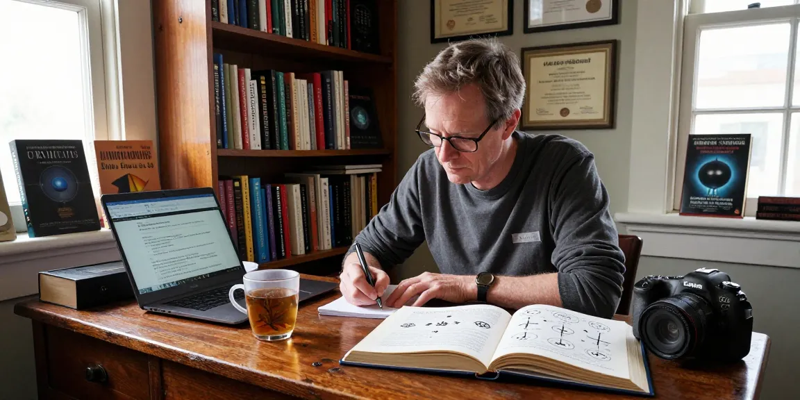 T. Allen Greenfield writing about spirituality and UFOs at https://tallengreenfield.com in a warm, inviting reading nook.