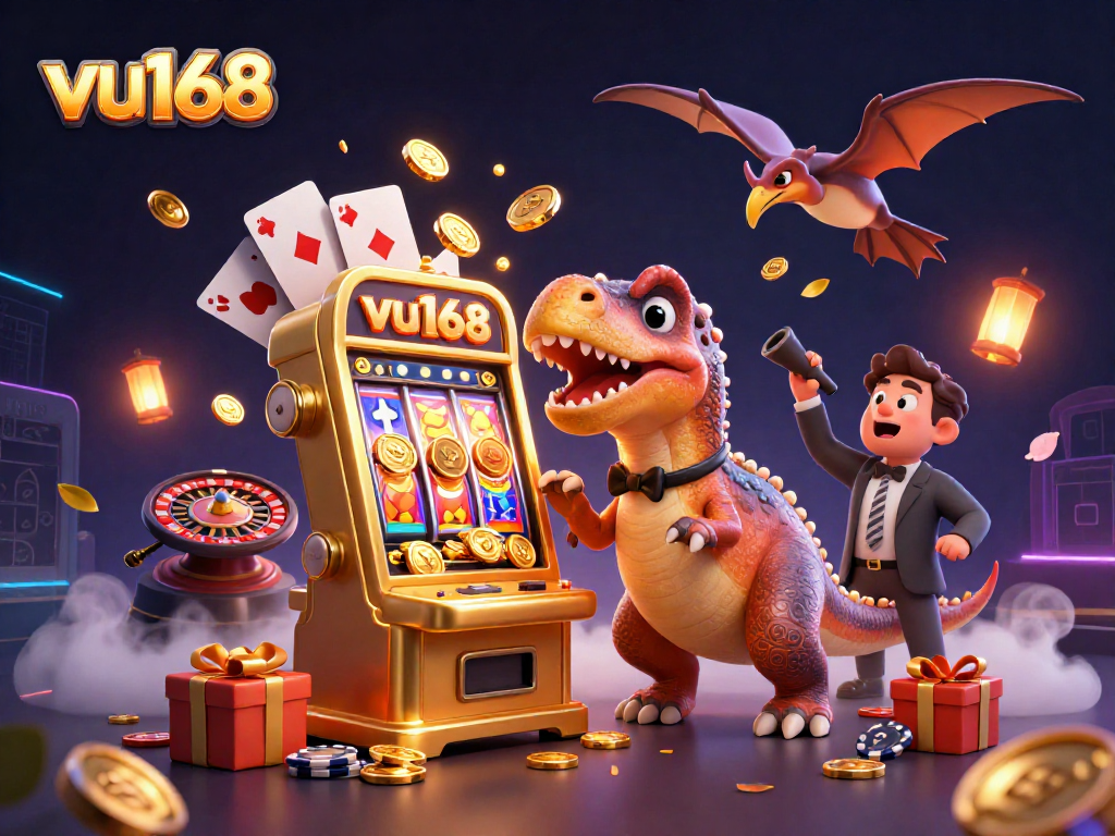 Experience the thrill with vu168 as 3D characters celebrate casino jackpots amidst vibrant gaming elements.