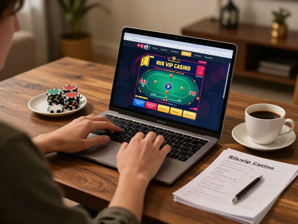 Engaging in a strategic poker game on rik vip's online casino interface from a cozy home setting.