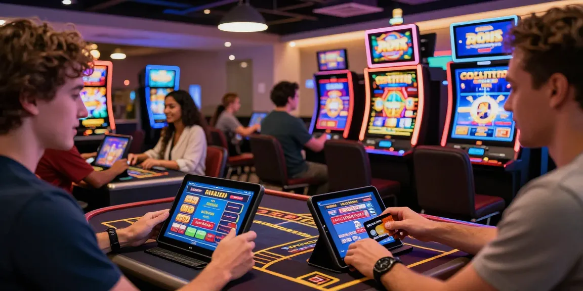 Dynamic scene at a credit card casino showcasing players using Mastercard for deposits at dea.org.uk, filled with vibrant slot machines and live games.