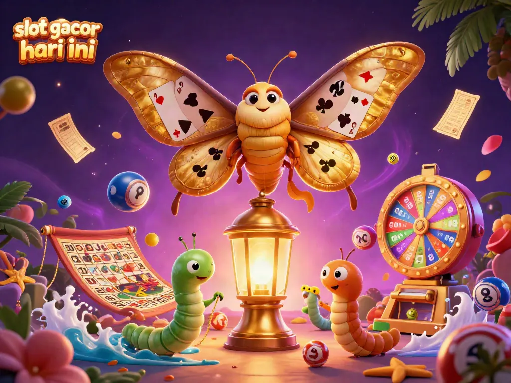 Slot gacor hari ini: Moth berkilau dan elemen permainan kasino yang berwarna-warni, atmosfer yang menang.