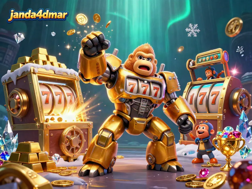 Gorila emas dari janda4dmar merayakan jackpot, dikelilingi harta karun gemerlap.
